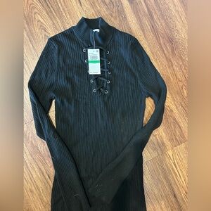 Planet Gold Black Ribbed Lace-Up Sweater Top from Macy’s. Size L